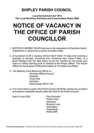  - Vacancy for Parish Councillor